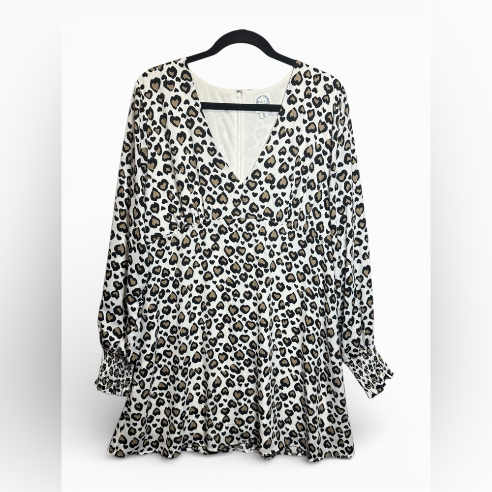 Blue Rain Leopard Print Babydoll Top XL Smocked Sleeve V-Neck Boho